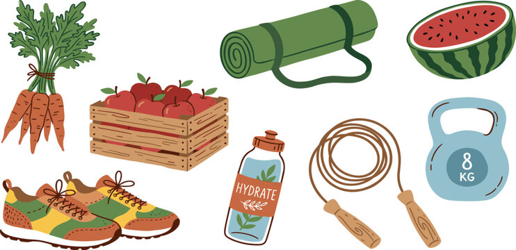 Healthy lifestyle collection with fitness equipment organic vegetables fruits and workout gear for wellness.