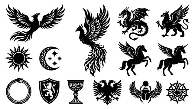 Black  White Glyph Icons of Mythological Creatures, Celestial Symbols, and Heraldic Emblems