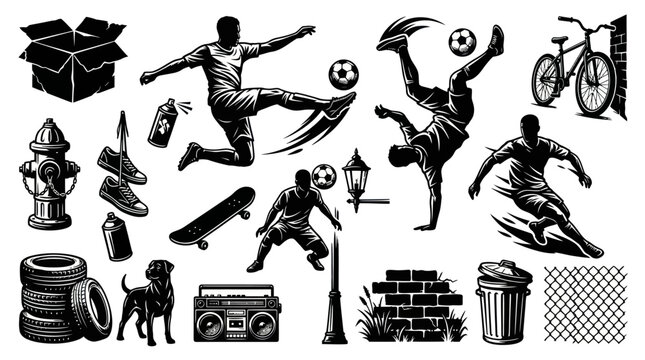 Black and White Urban Lifestyle Vector Set: Street Culture, Sports  City Elements Engraving Style