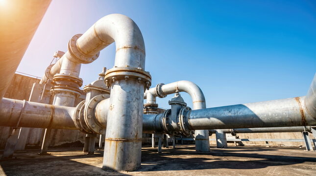 Industrial pipes, network of metal conduits with flanges at outdoor processing plant, bright sky, vital infrastructure for fluid transport.