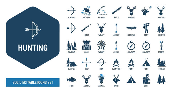 Solid vector icon set for hunting and outdoor activities. Includes bows, rifles, targets, fishing, camping, wildlife, and adventure elements for various design projects