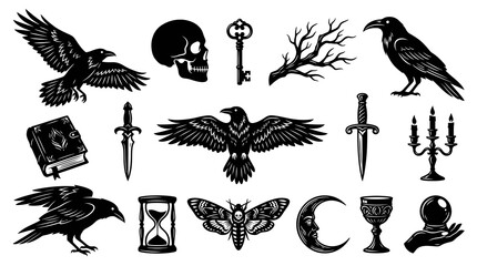 Fototapeta premium Mystical Gothic Symbols Black and White Vector Icons - Ravens, Skull, Moon