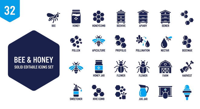 Collection of Bee and Honey related vector icons representing apiary, pollination, and bee products
