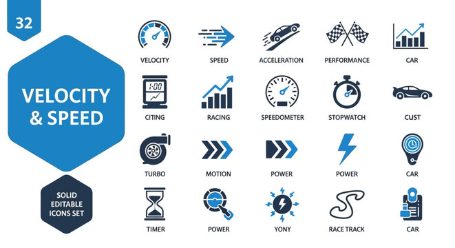 Dynamic vector icon collection showcasing concepts of speed, velocity, power, and acceleration for automotive, racing, and dynamic movement design