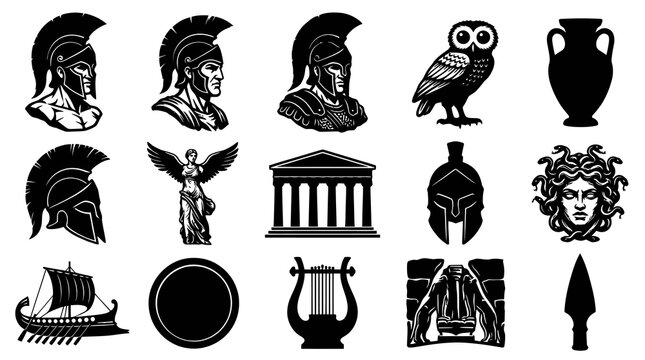 Ancient Greece Mythology Glyph Icons Set. Classical Greek History  Culture Vector Silhouette Elements.