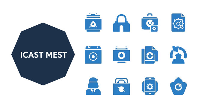 A versatile collection of modern blue vector icons representing concepts related to business management, technology, data security, and operational settings for various digital applications