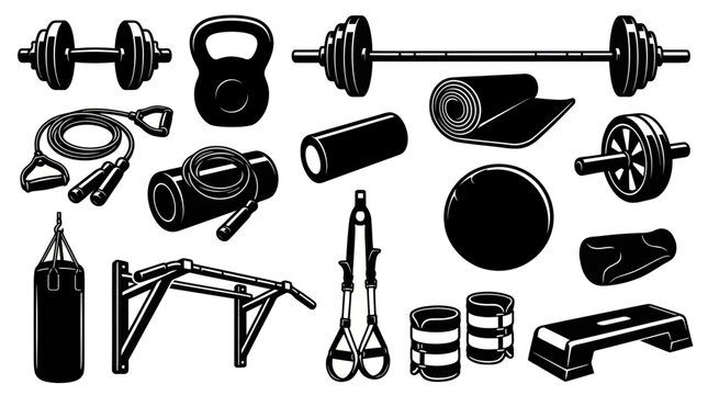 Black and White Silhouette Vector Icons Set of Gym Fitness Workout Equipment and Accessories