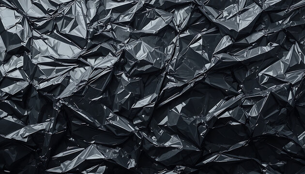 Crumpled black plastic sheet, shiny and reflective surface