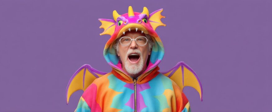 Senior individual in a vibrant dragon costume a fantasy-inspired party spirit soaring high