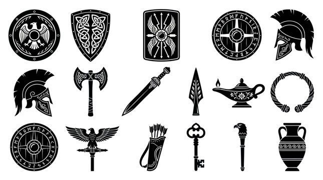 Ancient History and Mythology Glyphs Set. Historical Shields, Weapons, Artifacts Black Icons Collection.