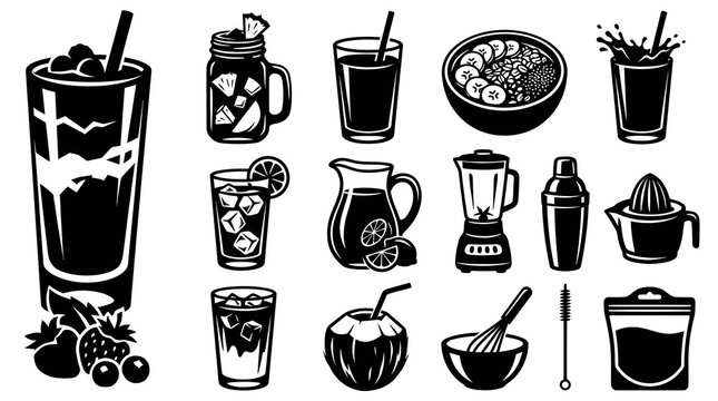 Food  Drink Beverage Icons Set: Smoothies, Juices, Barware  Kitchen Tools - Black  White Vector Glyphs