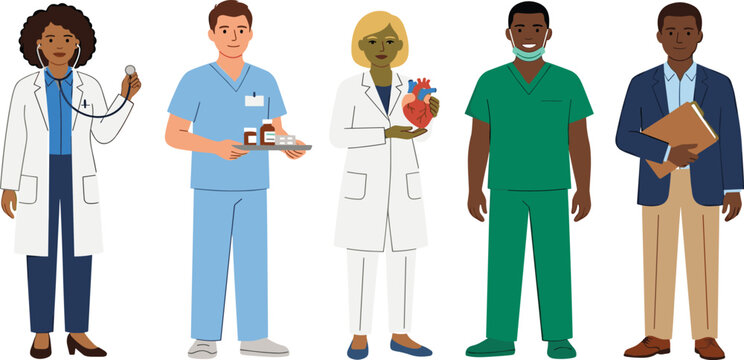 Multicultural healthcare professionals including doctors nurses and specialists standing in hospital uniforms holding medical equipment.