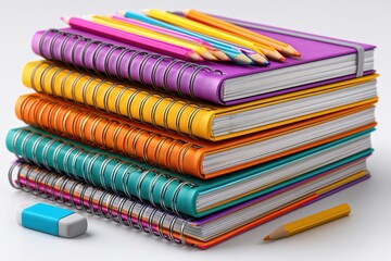 Fototapeta premium A vibrant stack of colorful spiral-bound notebooks with pencils and an eraser, perfect for school supplies.