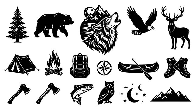 Black and White Vector Glyph Icons Set for Outdoor Adventure, Camping, Wildlife, and Nature