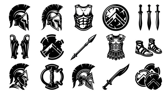 Black White Glyph Icons: Ancient Greek Spartan Warrior Armor, Helmets, Weapons, and Military Gear Set