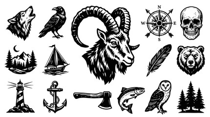 Obraz premium Black White Vintage Engraved Outdoor Adventure and Nature Wildlife Nautical Icons Set