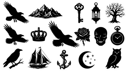 Obraz premium Black Silhouette Icons: Birds, Skull, Anchor, Ship, Crown, Rose, Tree, Mountains, Moon, Key, Lantern