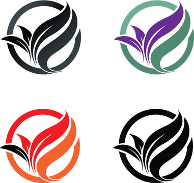 A 2x2 grid of circular logo variations featuring three stylized leaf‑flame shapes emerging from the lower left side of the circle. 