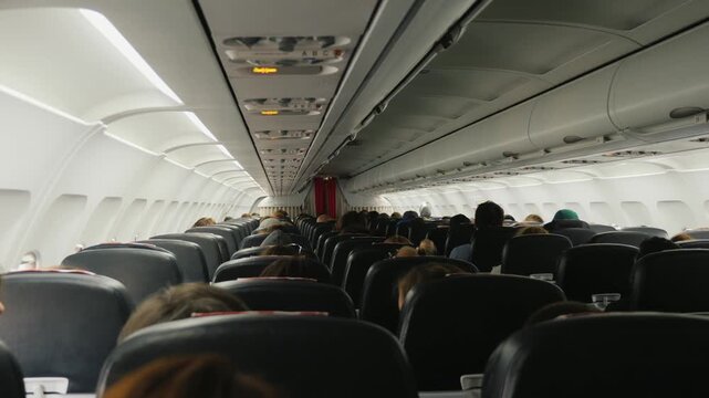 Interior cabin view of commercial airplane during flight with passengers seated in rows.