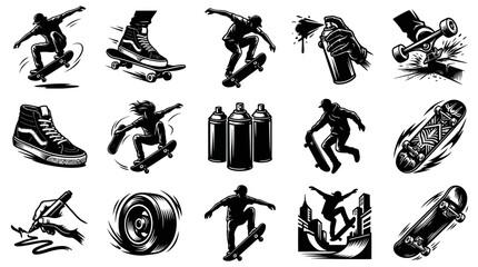 Obraz premium Monochrome Skateboarding Street Art Vector Illustrations: Skaters, Boards, Graffiti, Shoes Urban Culture