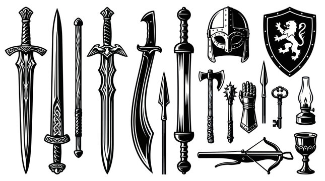 Medieval Fantasy Weapons, Armor, and Ancient Equipment Icon Set - Black and White Line Art Illustration