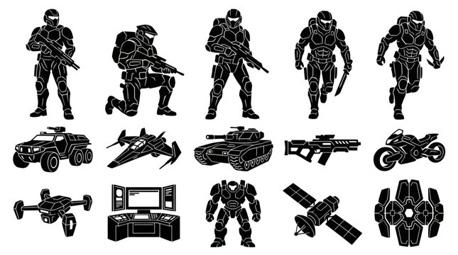 Futuristic Sci-Fi Military Combat Soldiers, Vehicles, Weapons  Technology Glyph Icon Set