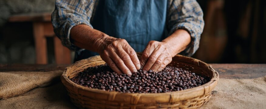 the diligent worker meticulously sorting aromatic coffee beans on a rustic wooden table