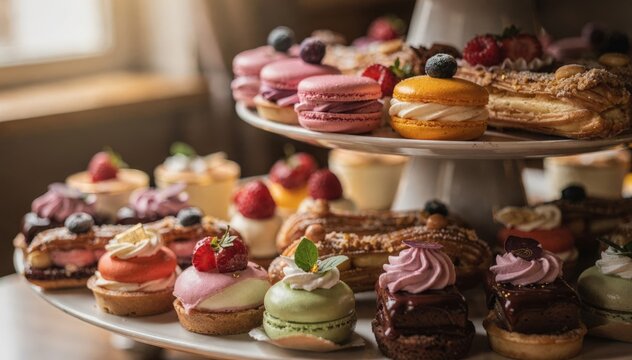 Closeup of tiered platters elegantly arranged with assorted patisserie desserts main object in sharp focus with soft blurred background enhancing the display ambiance.