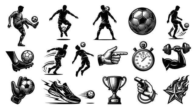 Football Soccer Players and Sports Equipment Vintage Engraving Style Black White Illustration