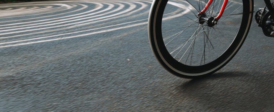 the rotating bike wheel whirling on blacktop road