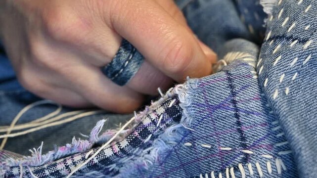 Extreme closeup shot of hands mending a hole in Jeans trousers with japanese Sashiko stitching technique.Upcycling clothes.
