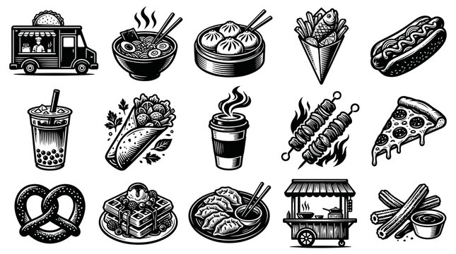 Black and White Line Art Food Icons: Street Food, Snacks, and Meals