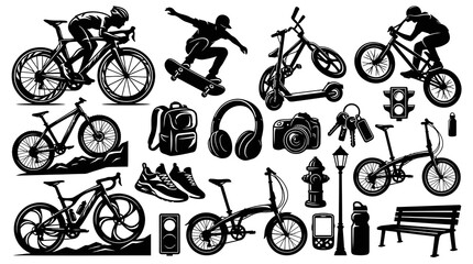 Obraz premium Urban Lifestyle and Outdoor Sports Silhouette Icon Set: Bicycles, Skateboard, Scooter, Accessories Collection