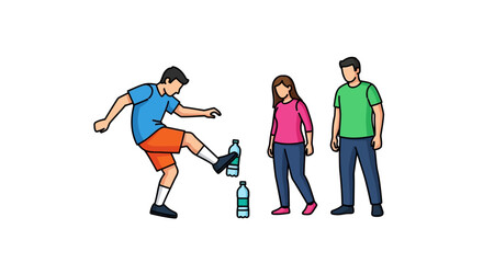 Fototapeta premium Young Man Kicking Water Bottle in Front of Friends.