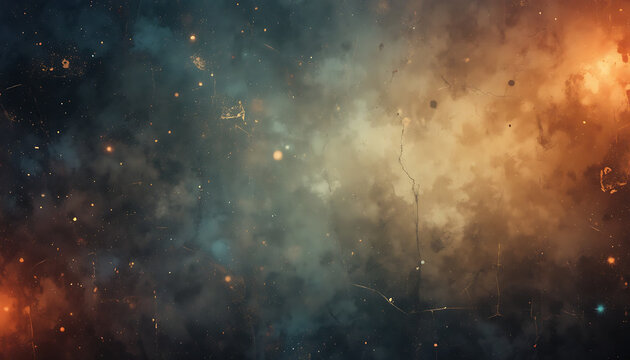 Cosmic nebula with orange, blue, and black clouds, stars, and smoke-like textures space galaxy