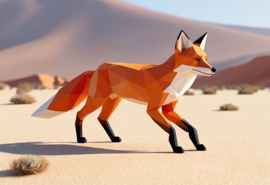 3D illustration of a geometric fox in low poly style standing in the desert