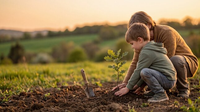 Mother and son planting a young oak tree in the soil together during beautiful sunset environmental conservation nature gardening hobby family bonding outdoors ecology education