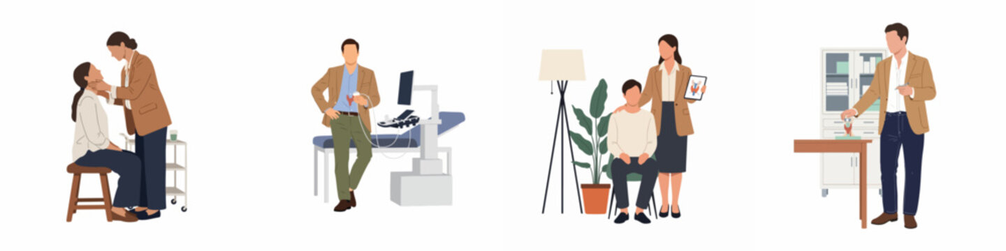 Set of flat vector illustrations depicting endocrinologists consulting patients and performing thyroid examinations in a professional medical clinic setting.
