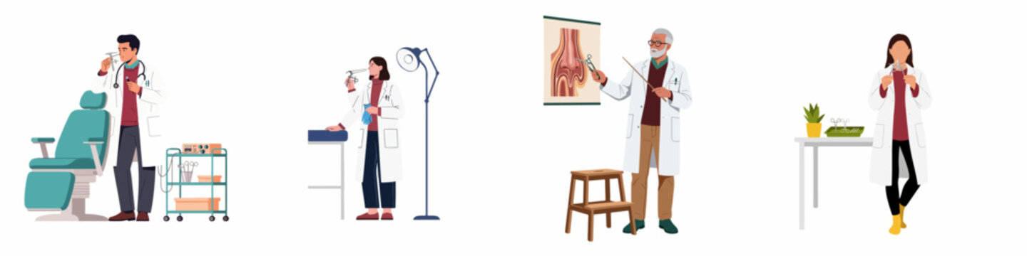 Set of ENT doctors and otorhinolaryngology medical equipment illustrations showing specialists with nasal speculums, anatomical charts, and specialized clinical furniture.