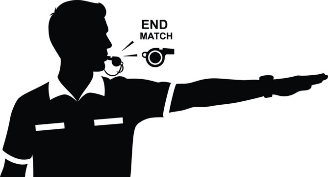 Referee blowing whistle to end match isolated on white background