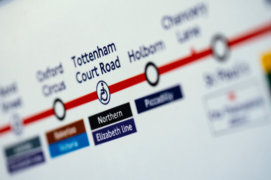 London Underground Tube, Central Line Schematic Car Lines Diagram Map, Tottenham Court Road Station, England, UK - May 2026
