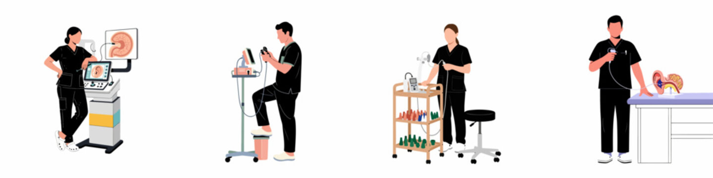 Flat vector illustrations of medical professionals in black scrubs using specialized equipment for ear, nose, and throat diagnostics and procedures.