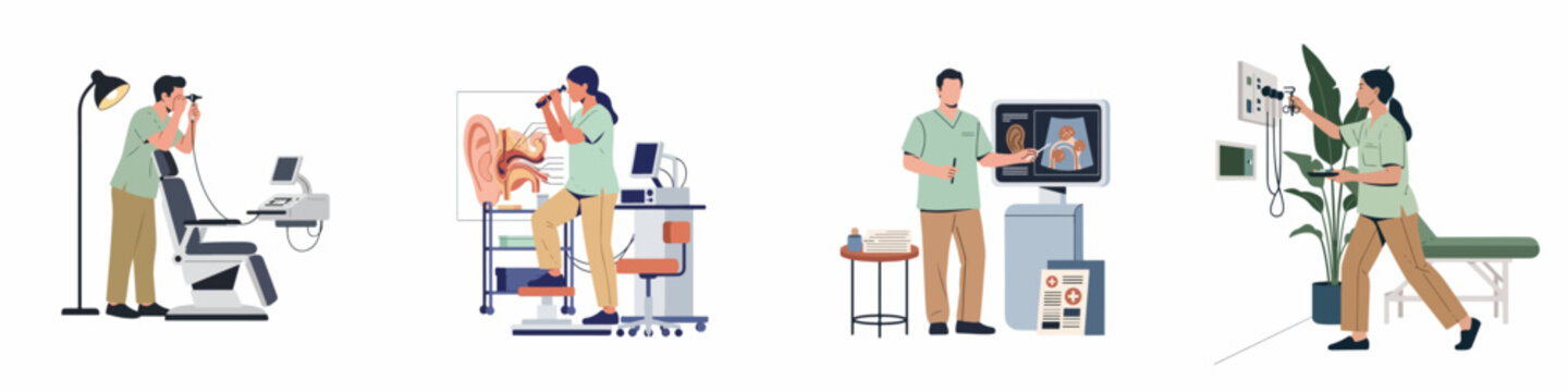 Collection of ENT doctors and medical specialists performing various ear examinations and diagnostic procedures in a modern clinical setting with professional equipment.