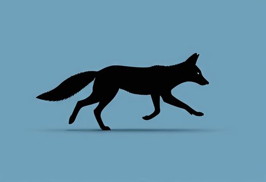 Black silhouette of a running fox isolated on a blue background