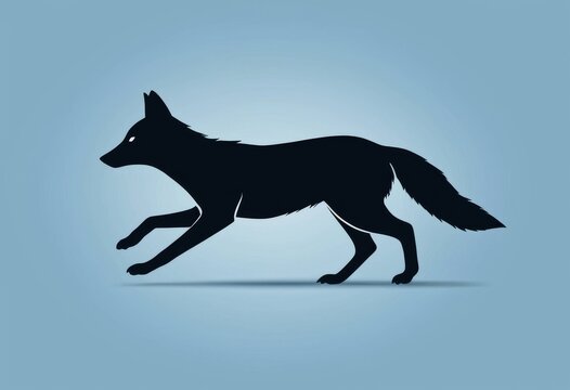 Black silhouette of a running fox isolated on a blue background