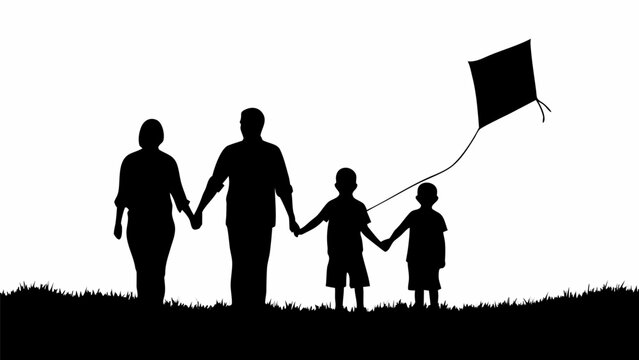 Family flying kites together outdoors in silhouette on a sunny day