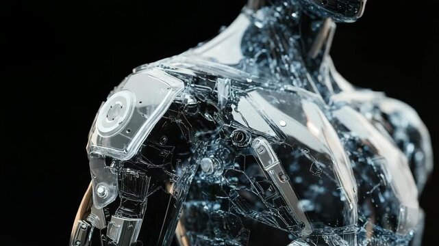 Transparent humanoid robot upper body with mechanical components and glass shell detailed cybernetic anatomy futuristic artificial intelligence concept high tech engineering isolated dark background