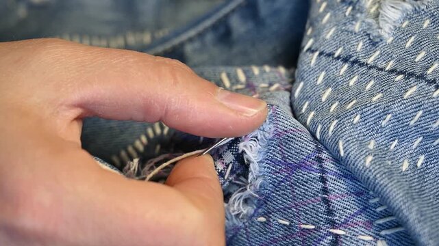 Extreme closeup shot of hands mending a hole in Jeans trousers with japanese Sashiko stitching technique.Upcycling clothes.