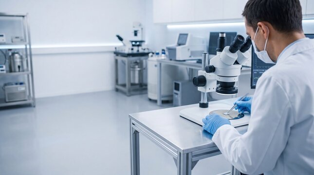 Male researcher in sterile laboratory examining sample under microscope with digital screen scientific investigation equipment laboratory technician wearing protective mask and