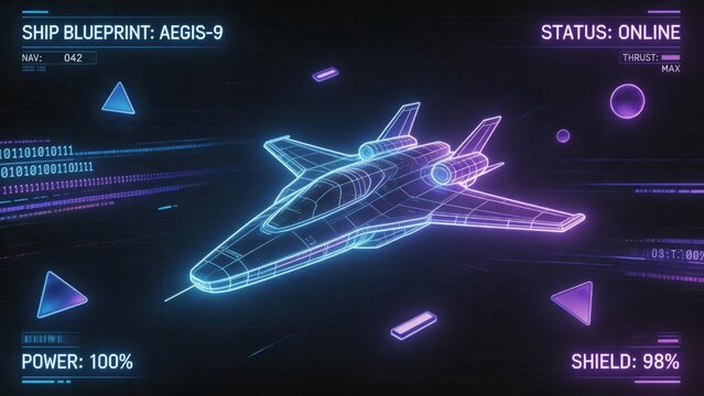 Futuristic spaceship blueprint in digital interface